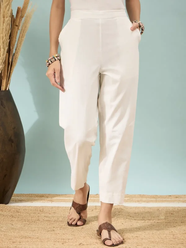 White High-Waisted Tapered Cotton Pants