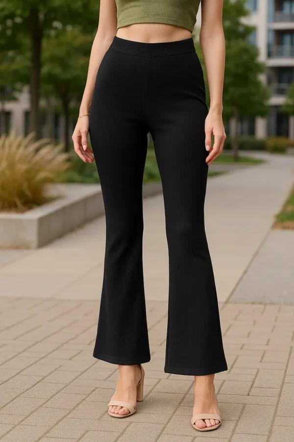 Black High-Waisted Ribbed Flared Knit Pants