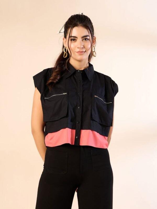 Black Utility Crop Shirt with Coral Pink Hem