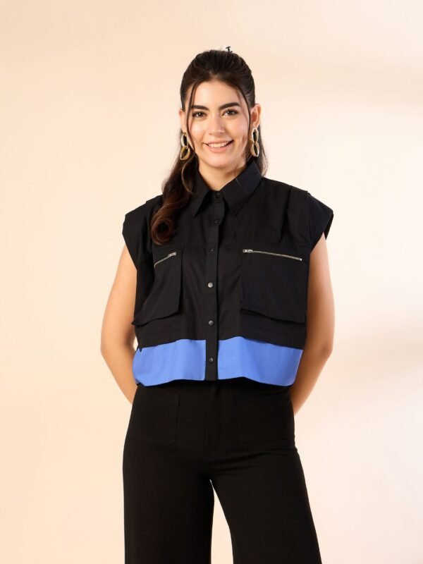 Black Utility Crop Shirt with Blue Hem