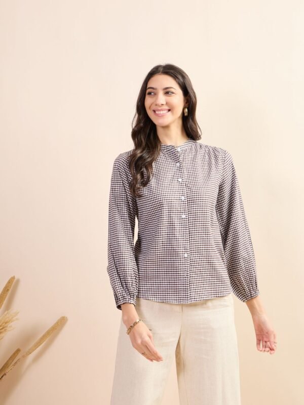 Brown Gingham Check Shirt with Mandarin Collar