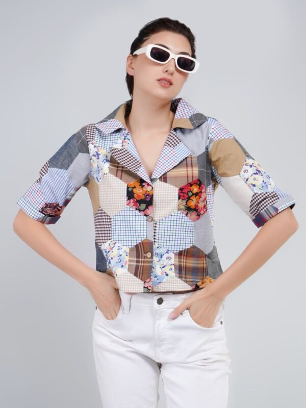 Patchwork Collared Half-Sleeve Shirt