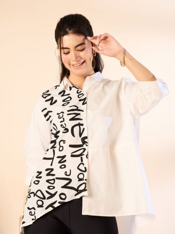 Asymmetric Typography Print Shirt – White & Black