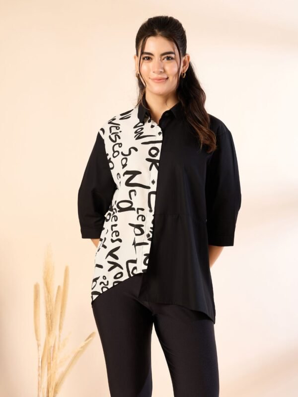 Asymmetric Typography Contrast Shirt – Black & White
