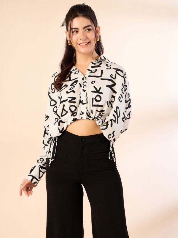 White Typographic Print Drawstring Shirt