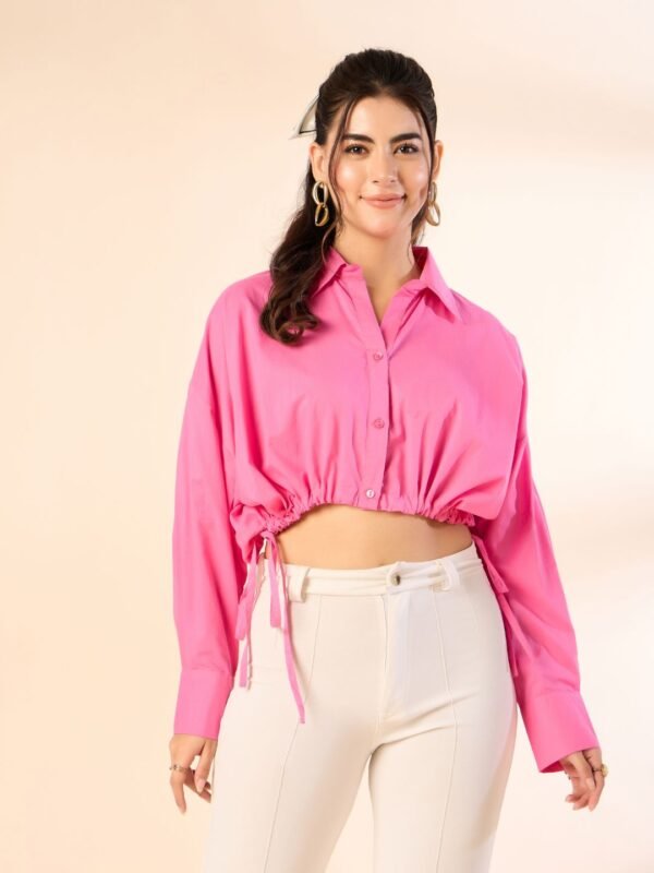 Hot Pink Solid Drawstring Crop Shirt