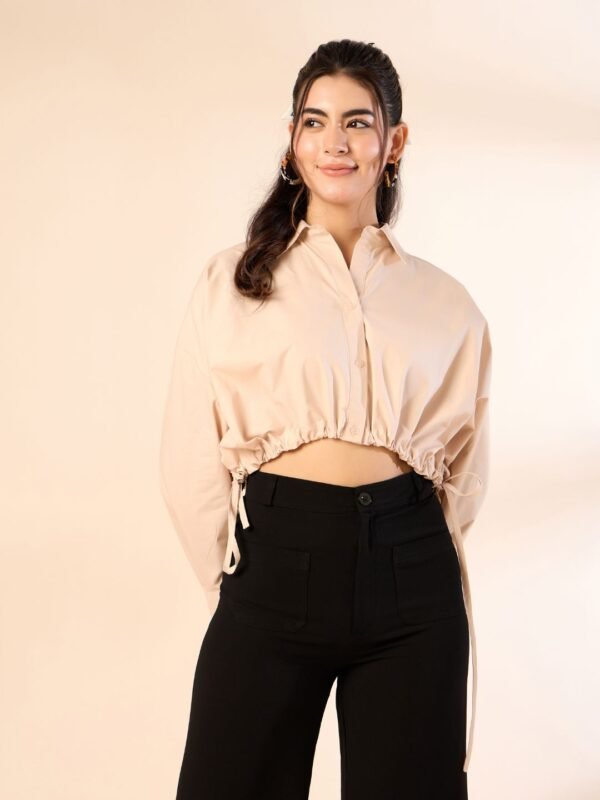 Solid Beige Drawstring Crop Shirt