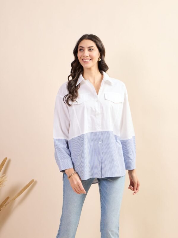 Dual-Tone Oversized Shirt with Chest Pockets