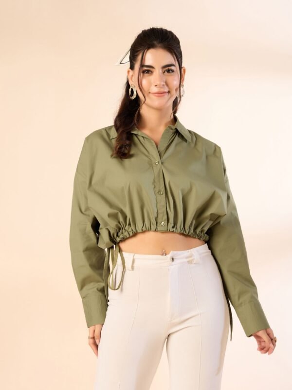 Olive Green Drawstring Crop Shirt