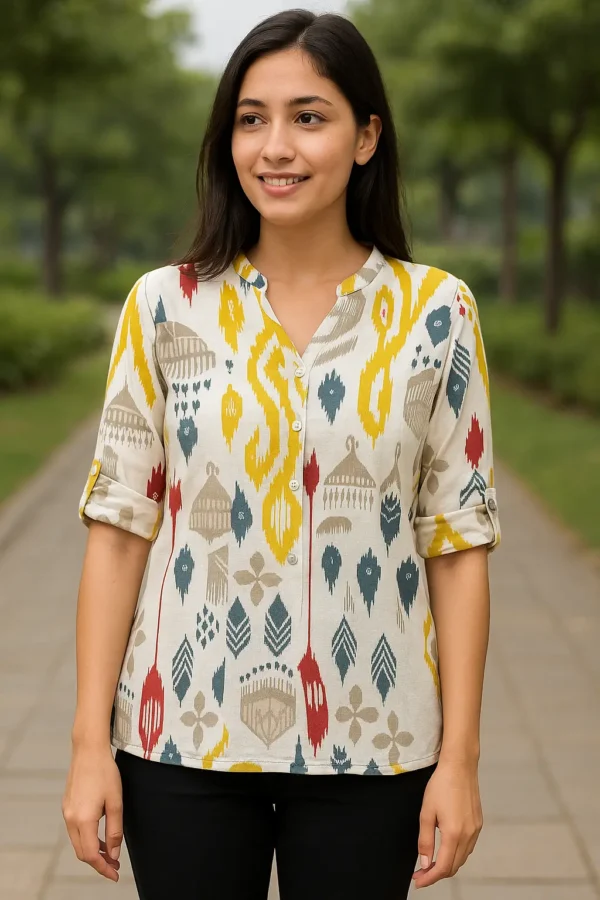 Ivory Multicolor Ikat Print Roll-Up Sleeve Kurti Top