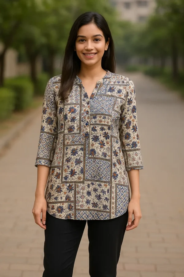 Beige & Blue Block Print Inspired Straight Kurti Top