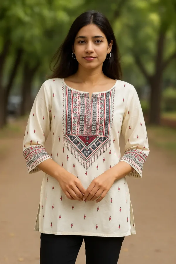 Ivory Ethnic Motif Printed Cotton Kurti Top