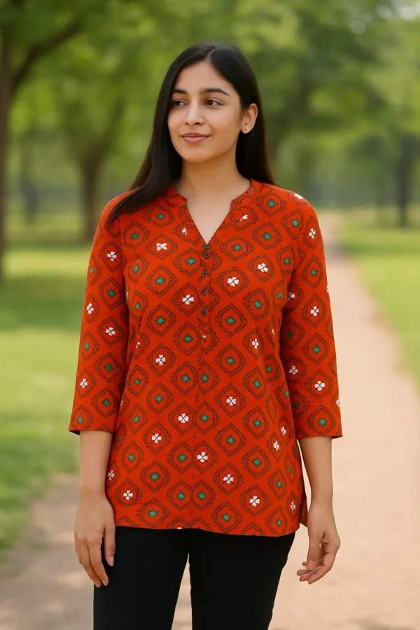Rust Red Diamond Print Short Kurta