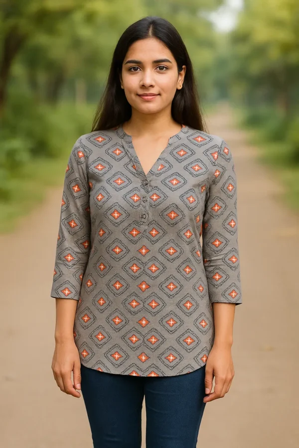 Grey Geometric Printed Cotton Kurti Top