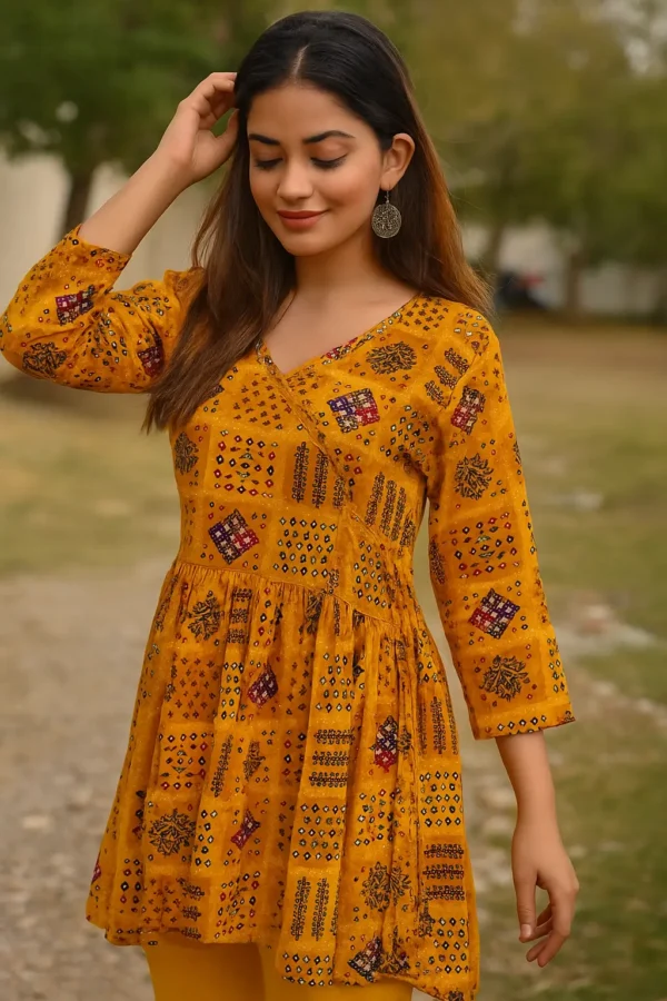 Mustard Yellow Boho Print Short Kurti