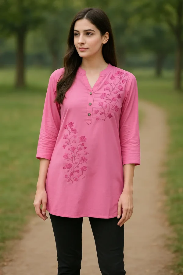 Pink Floral Embroidered Cotton Short Kurta