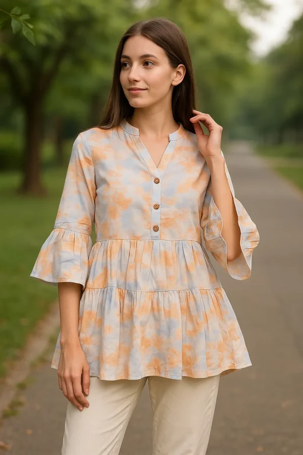 Pastel Peach-Blue Tie-Dye Peplum Short Kurta