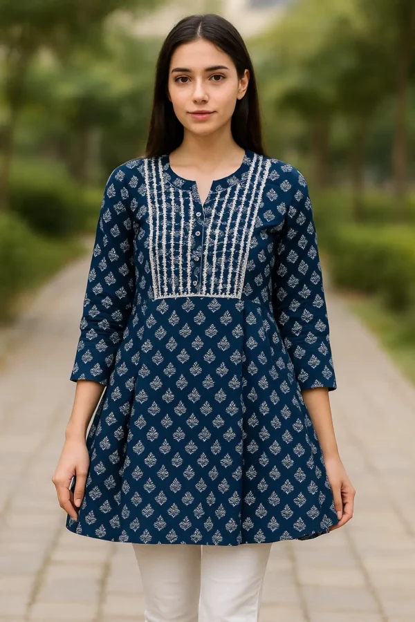 Navy Blue Block Print Empire Short Kurti with Embroidered Yoke