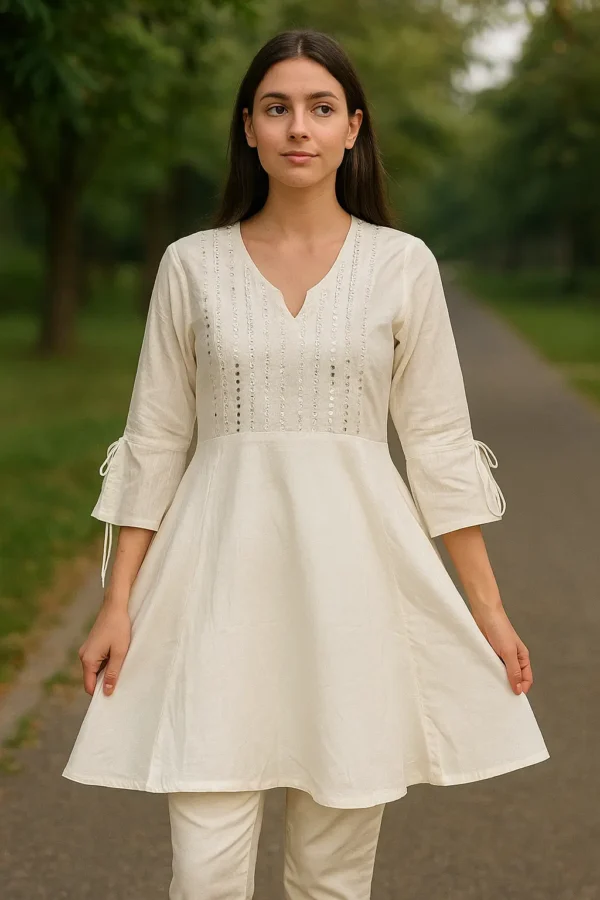 Ivory Solid Flared Short Kurti with Mirror Work Yoke