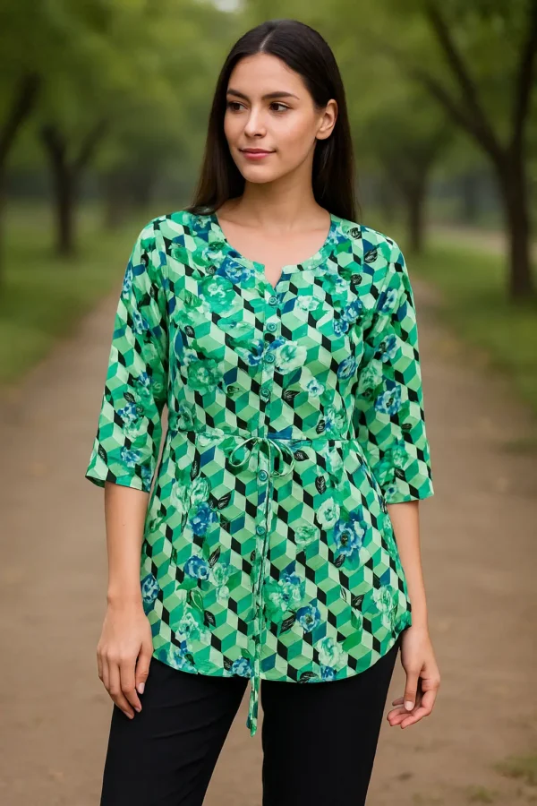 Green Geometric Floral Printed Waist Tie Short Kurta