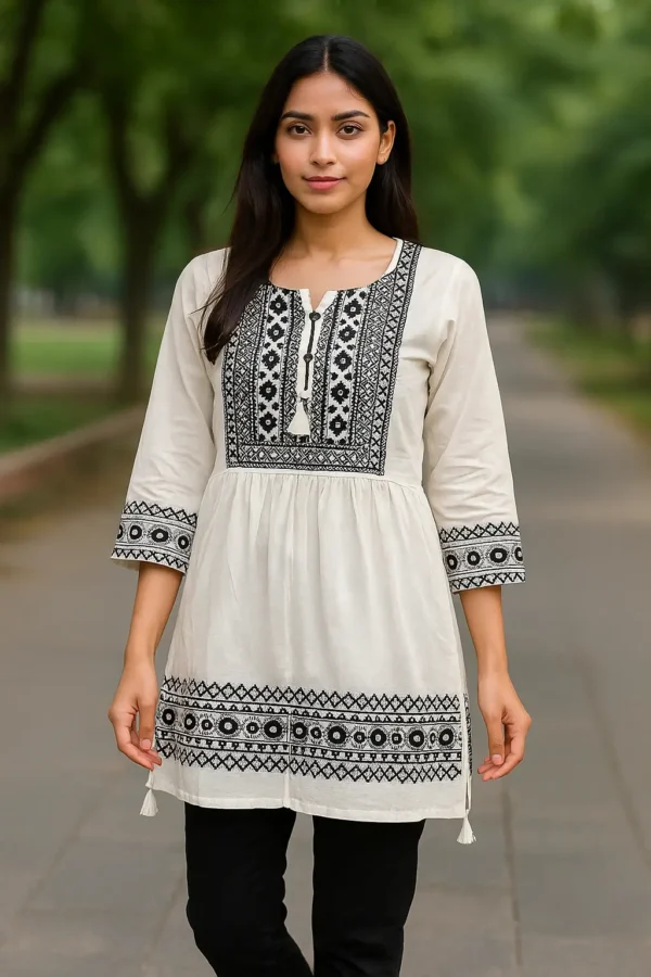 Off-White & Black Embroidered Short Kurta with Tassel Detail