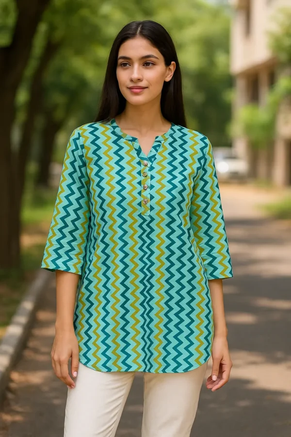 Teal Zig-Zag Printed Casual Short Kurta