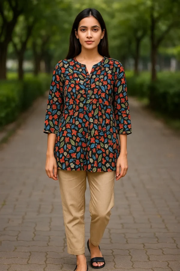 Black Floral Printed Short Kurti with V-Notch Neck