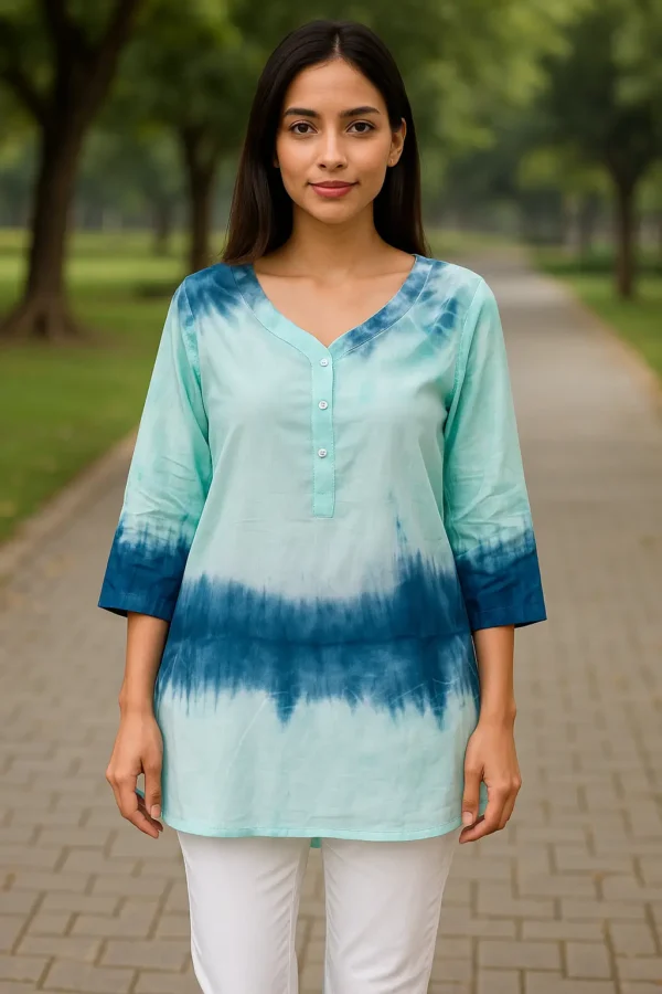 Aqua Blue & Navy Tie-Dye Short Kurti with 3/4th Sleeves