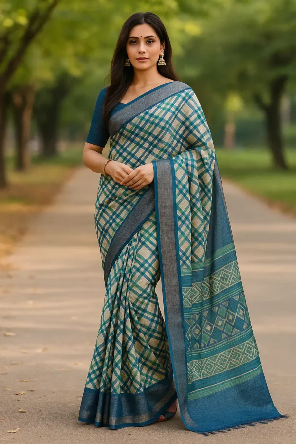 Elegant Handloom Blue & Beige Checked Saree