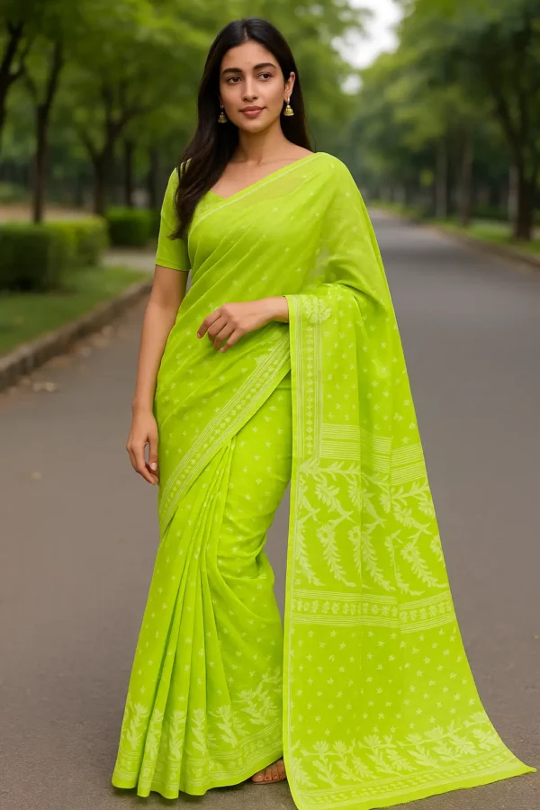Lime Green Woven Cotton Saree with Elegant Floral Pallu