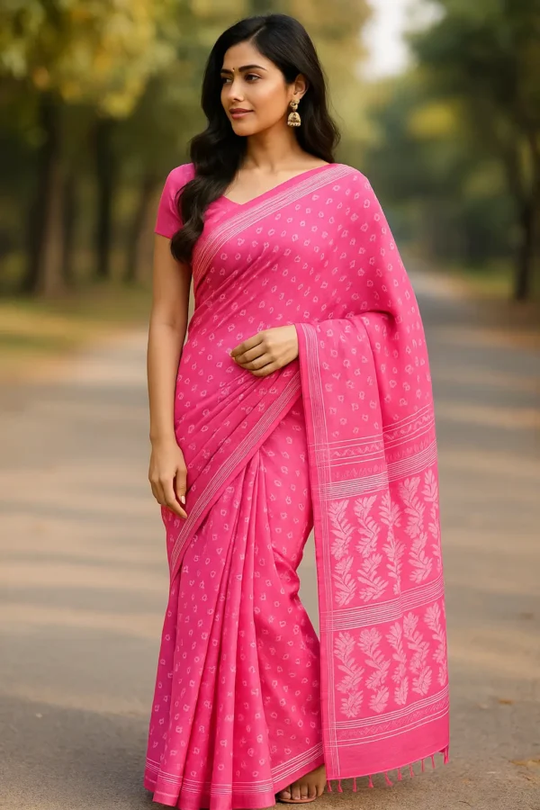 Bright Pink Woven Cotton Saree with Traditional Leaf Pallu