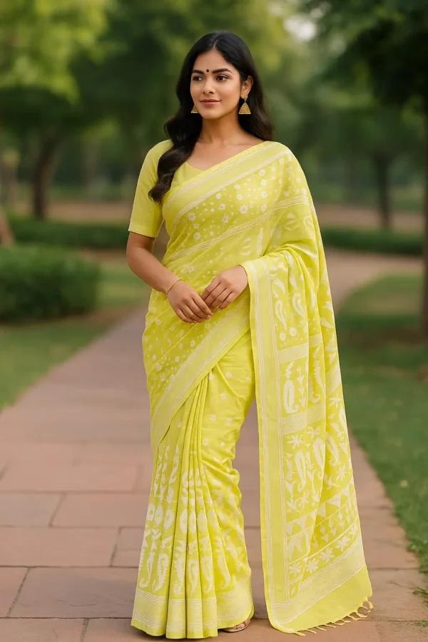 Lemon Yellow Cotton Saree with White Ethnic Woven Pallu