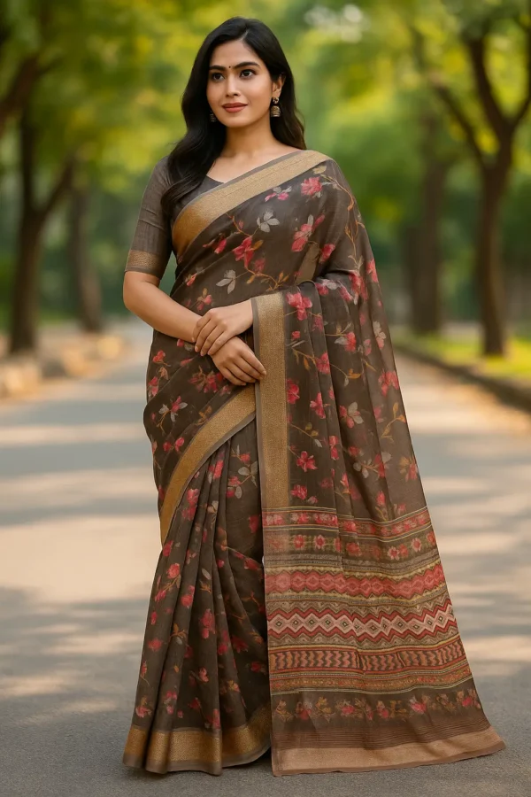 Coffee Brown Linen Blend Saree with Floral Print & Ethnic Woven Pallu