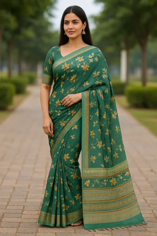 Bottle Green Floral Printed Linen Blend Saree with Ethnic Woven Pallu