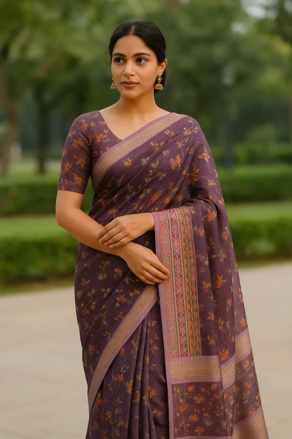 Muted Plum Linen Blend Saree with Floral Print & Tribal-Inspired Pallu