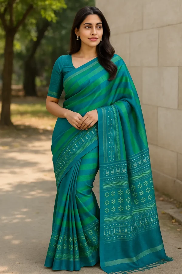 Teal & Green Striped Cotton Saree with Ethnic Woven Pallu