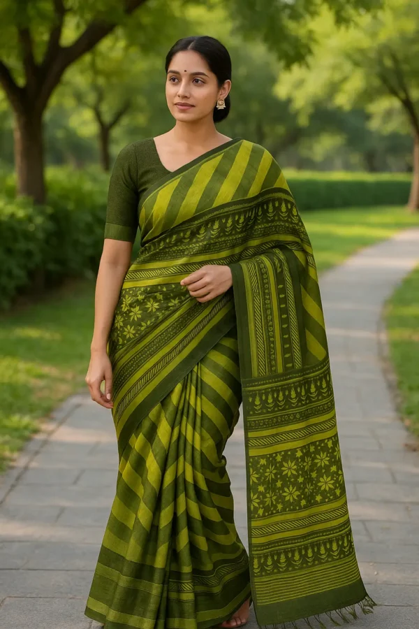 Olive Green Cotton Saree with Striped Pattern & Traditional Pallu