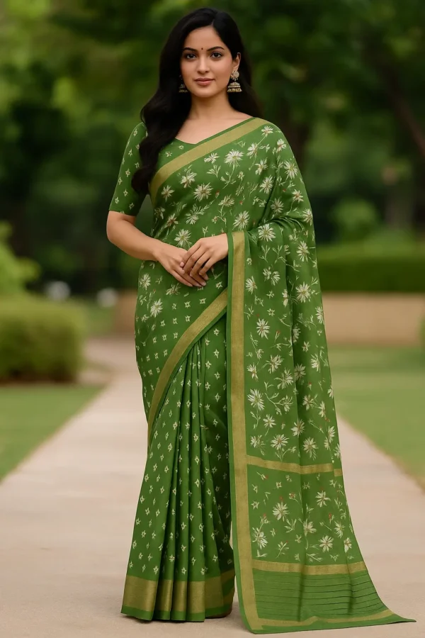 Graceful Green Floral Print Cotton Saree
