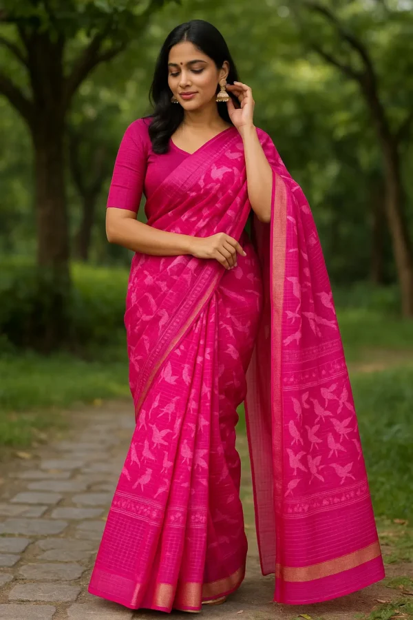Magenta Cotton Saree with Bird Motif Woven Design