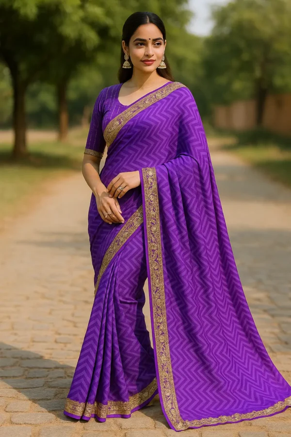 Royal Purple Saree with Golden Embroidered Lace Border