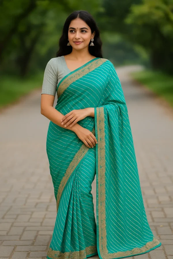 Teal Green Saree with Golden Embroidered Lace & Diagonal Stripes