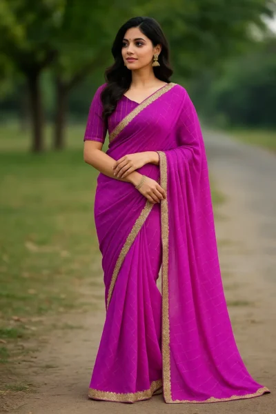 SRE-23 Magenta Saree with Golden Lace Border and Subtle Grid Pattern