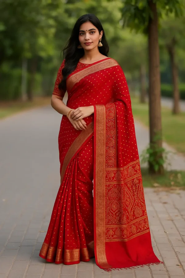 Classic Red Saree with Golden Buti Work and Rich Pallu Design
