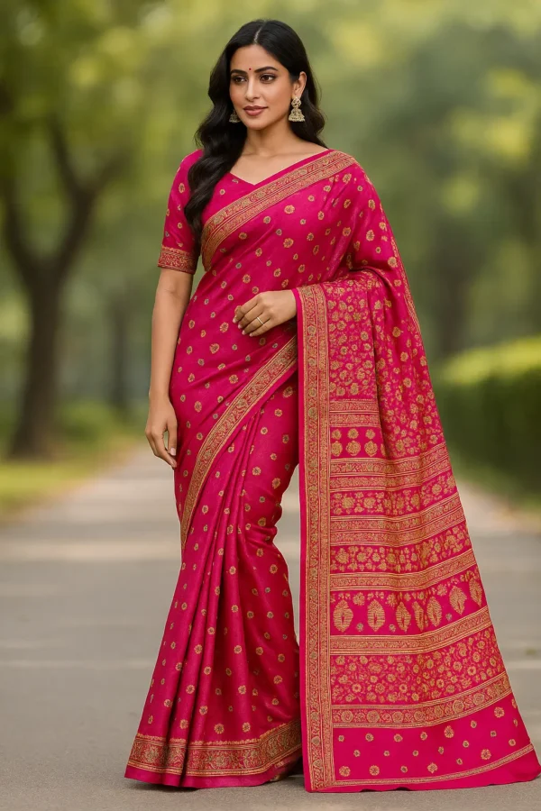Magenta Saree with Gold Zari Buti and Ornate Pallu