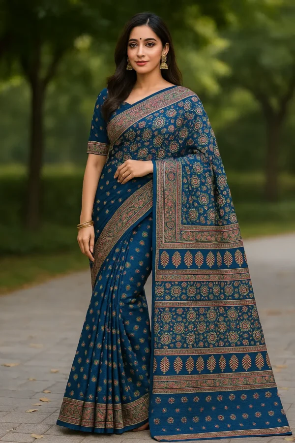 Navy Blue Saree with Traditional Buti & Rich Ethnic Pallu