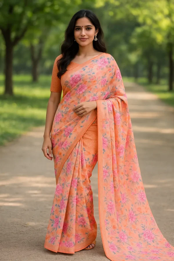 Peach Floral Printed Saree with Blouse