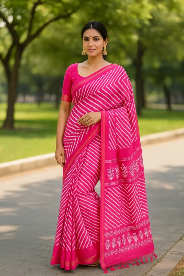 Pink Handwoven Chevron Cotton Saree with Blouse
