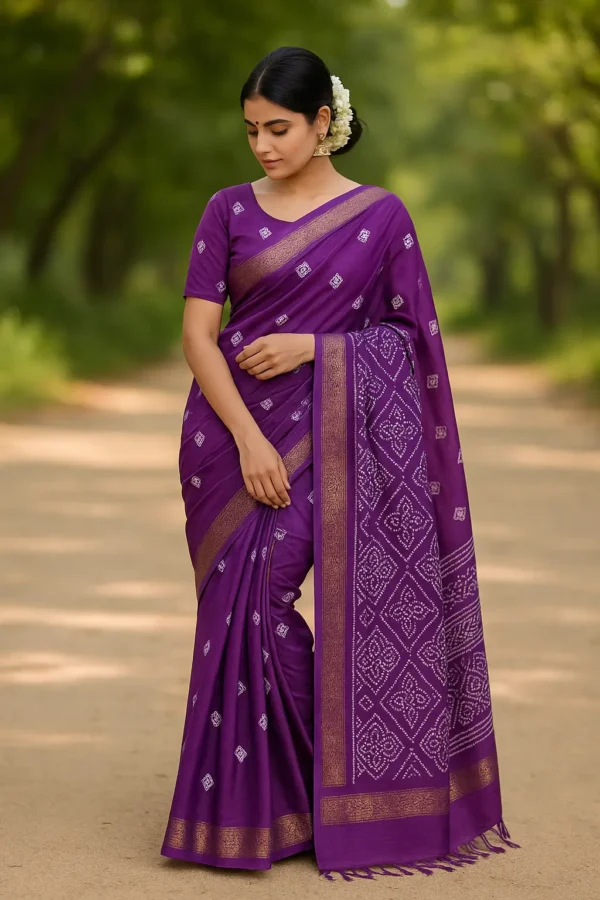 Purple Bandhej Inspired Cotton Saree with Golden Border