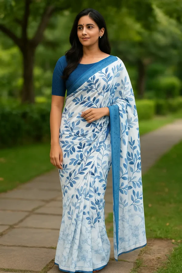 Elegant White & Blue Leaf Print Saree with Contrast Border