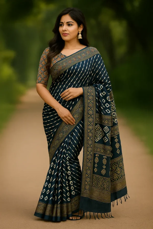 Regal Navy Blue Saree with Golden Ethnic Motifs & Pallu